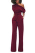 Sexy Burgundy Slanted One Shoulder Wide Leg Jumpsuit